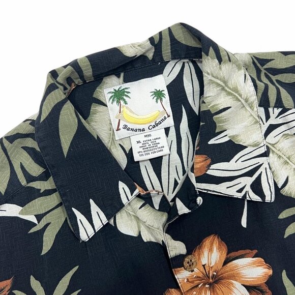 Men’s Vintage Banana Cabana 100% Silk Black Hawaiian Button Up Dress Shirt Size - Picture 2 of 6